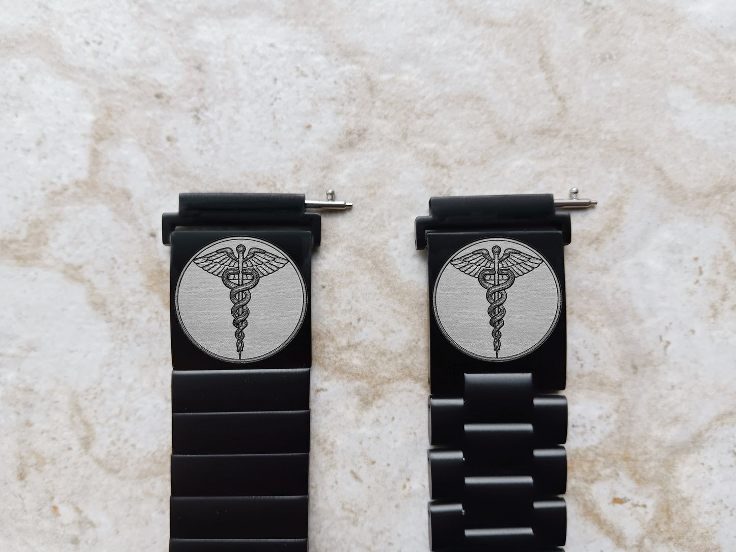 Caduceus Symbol Engraved Watch Band for 20mm Width Lugs Traditional Casual Luxury Smartwatches Black Stainless Steel Strap Bracelet MS1 -A20
