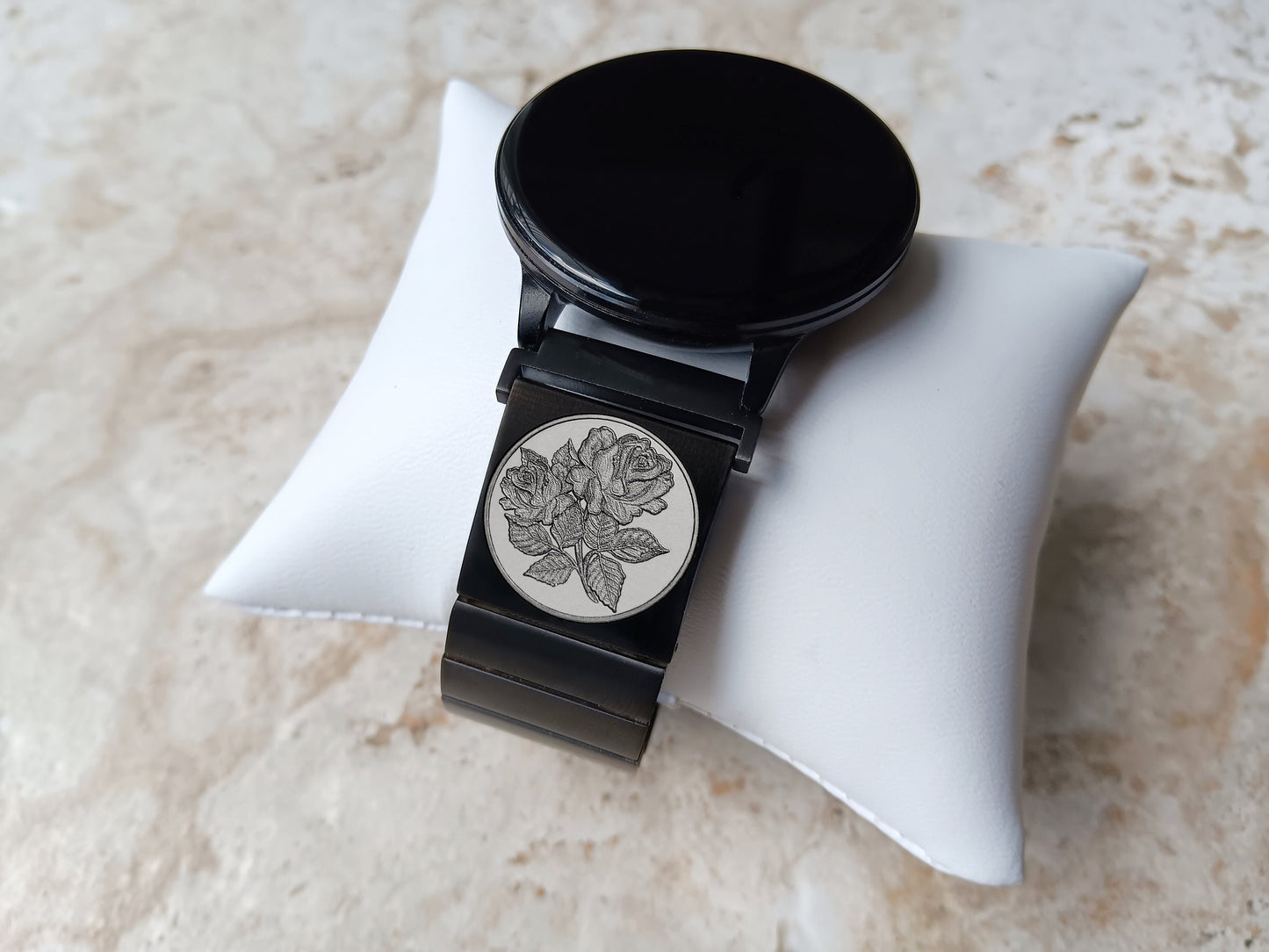 Google Pixel Watch 3 2 1 41mm Engraved Roses Floral Watch Band Stainless Steel Tooled Black Color Bracelet Strap RS1 -A20