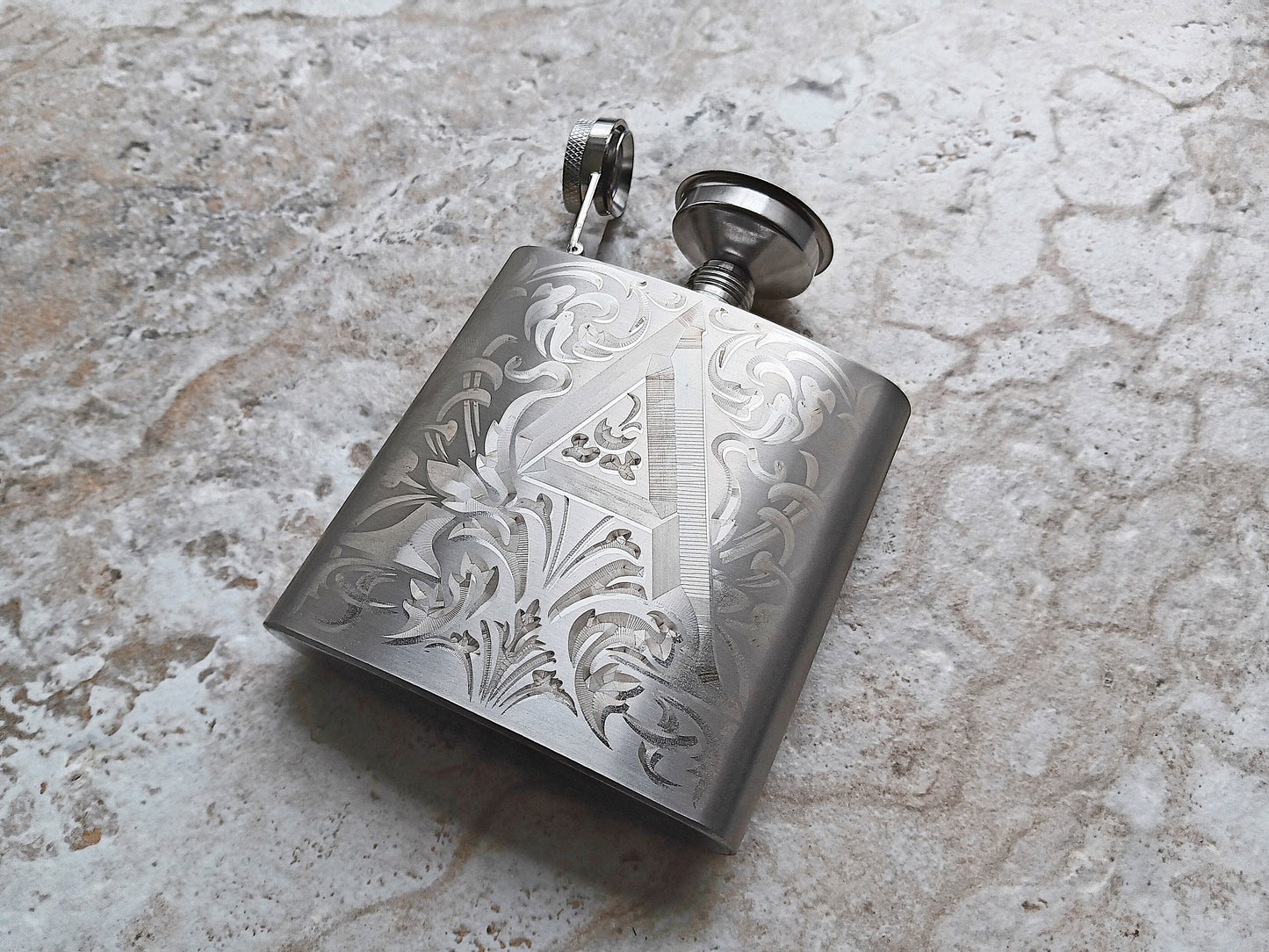 Custom Engraved Flask and Funnel Set Stainless Steel 6 oz Hip Liquor Beverage Holder Vintage Antique Style Floral Monogram Text Great Gift