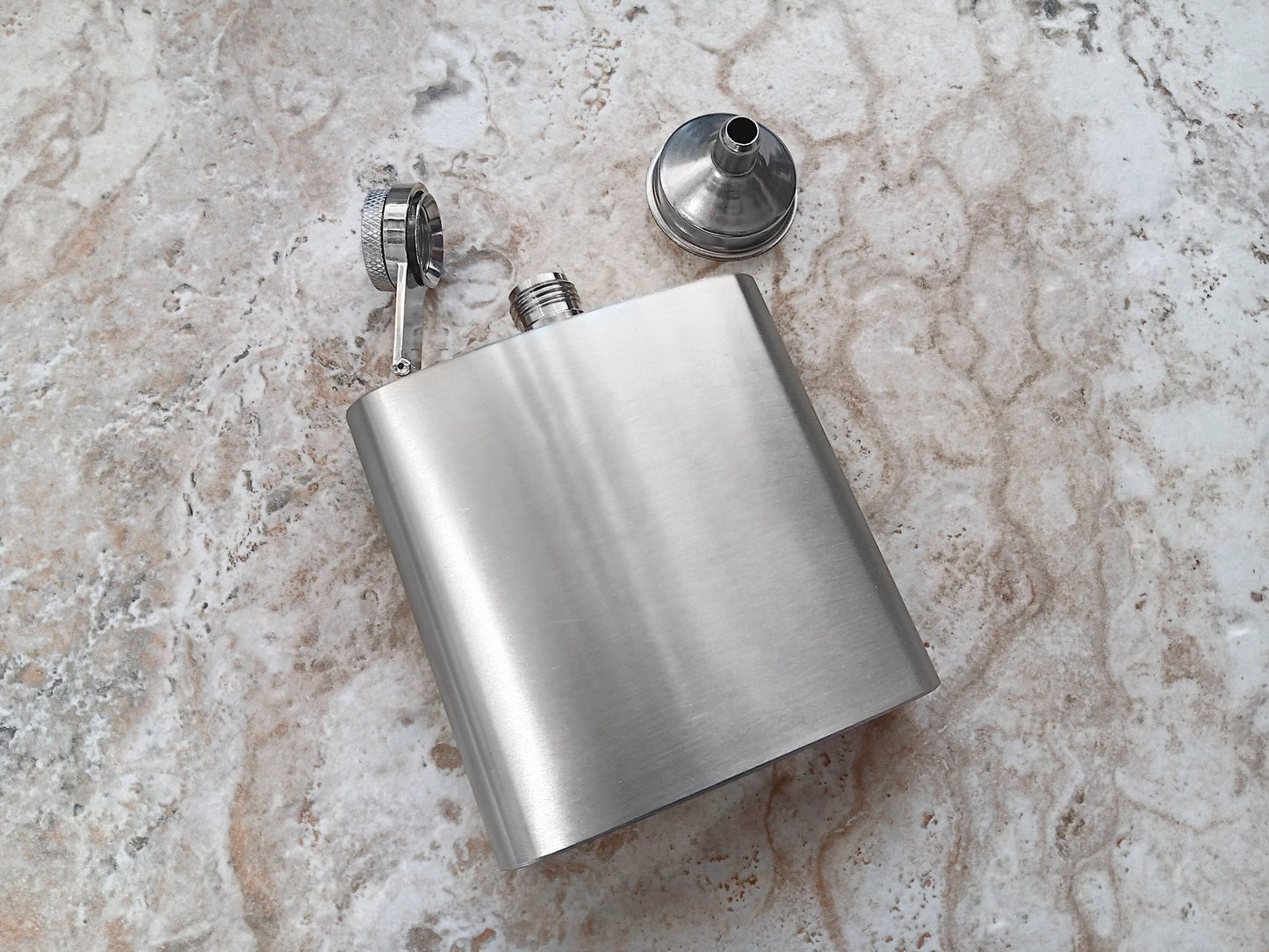 Custom Engraved Flask and Funnel Set Stainless Steel 6 oz Hip Liquor Beverage Holder Vintage Antique Style Regal Split Monogram Text