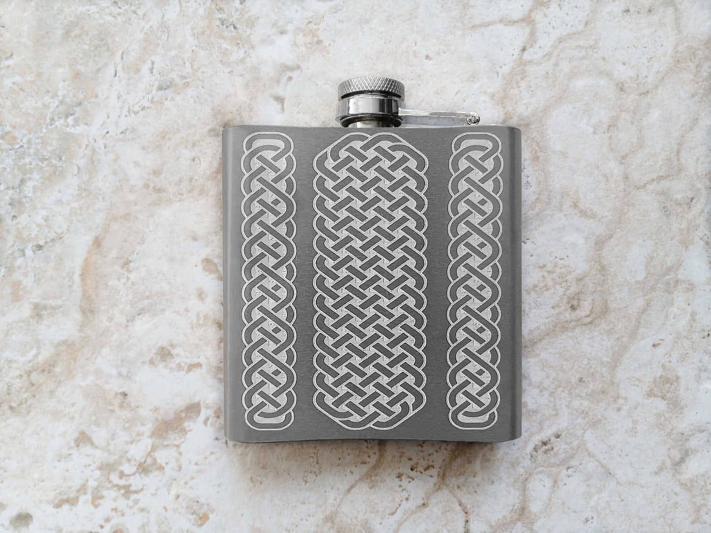 Custom Engraved Flask and Funnel Set Stainless Steel 6 oz Hip Bottle Liquor Beverage Holder Vintage Antique Style Celtic Text Great Gift