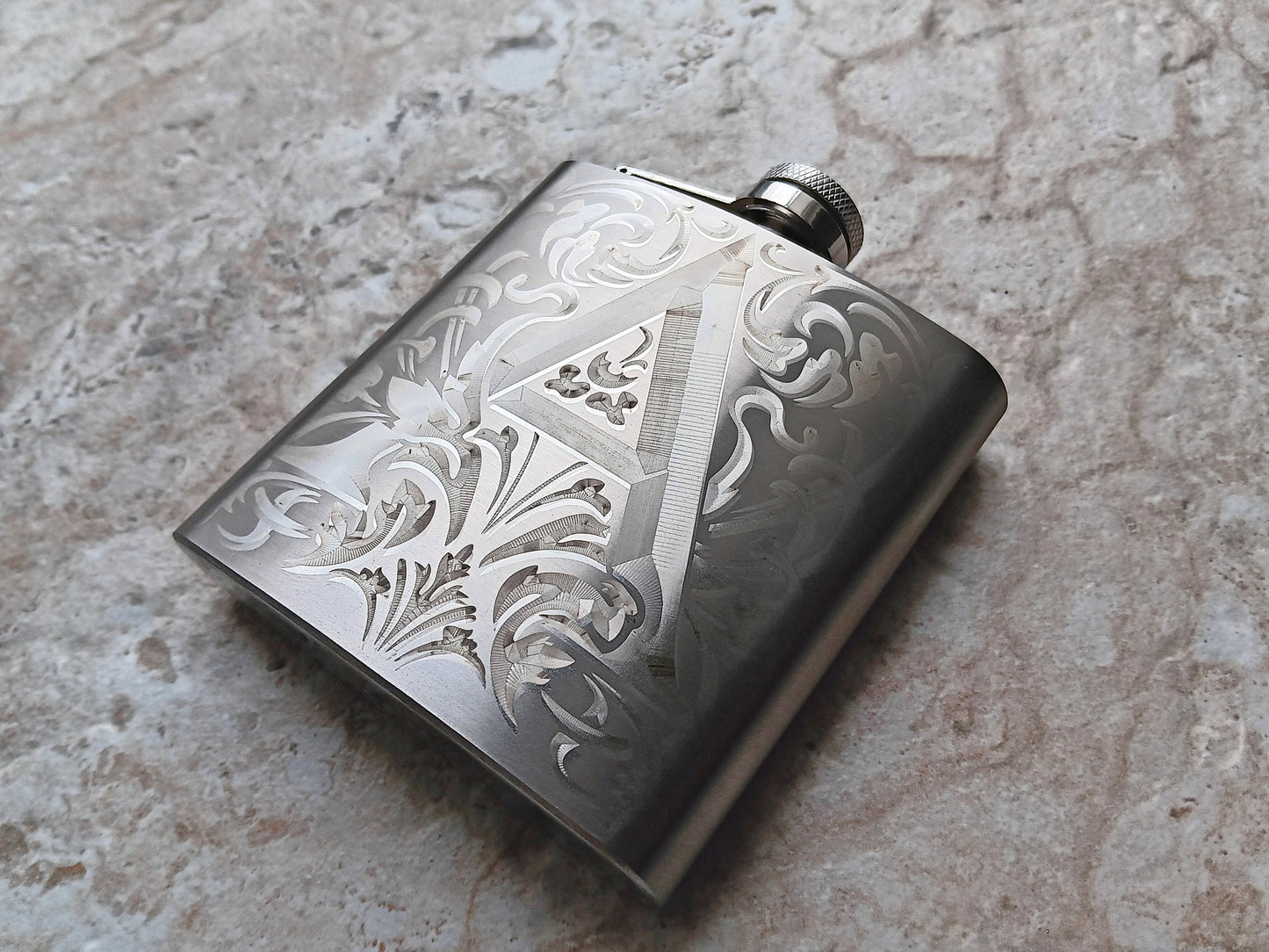 Custom Engraved Flask and Funnel Set Stainless Steel 6 oz Hip Liquor Beverage Holder Vintage Antique Style Floral Monogram Text Great Gift