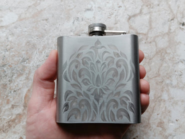 Custom Engraved Flask and Funnel Set Stainless Steel 6 oz Hip Liquor Beverage Holder Vintage Antique Style Floral Monogram Text Great Gift