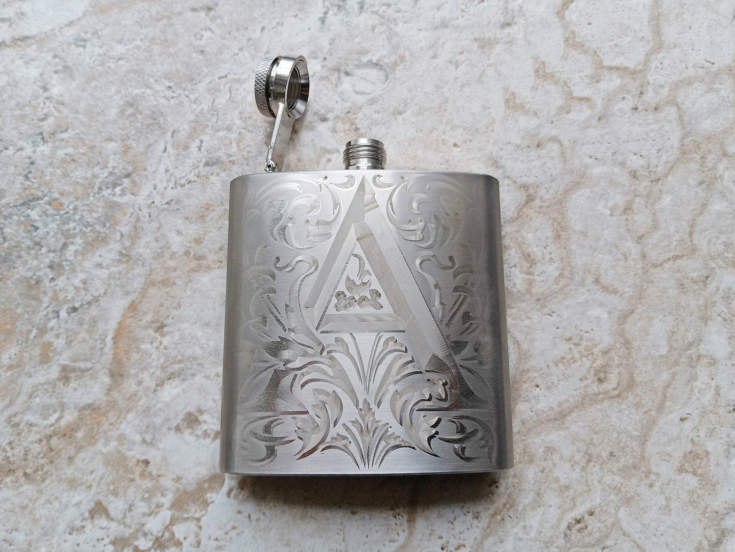 Custom Engraved Flask and Funnel Set Stainless Steel 6 oz Hip Liquor Beverage Holder Vintage Antique Style Floral Monogram Text Great Gift
