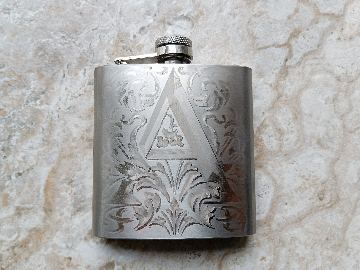 Custom Engraved Flask and Funnel Set Stainless Steel 6 oz Hip Liquor Beverage Holder Vintage Antique Style Floral Monogram Text Great Gift