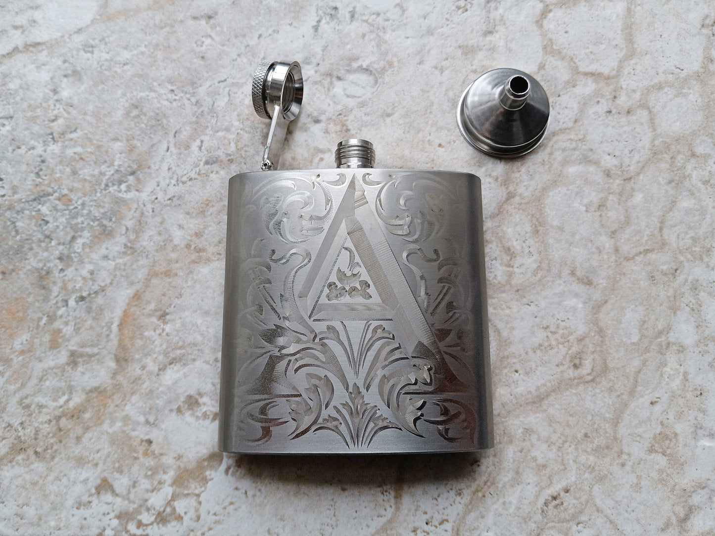 Custom Engraved Flask and Funnel Set Stainless Steel 6 oz Hip Liquor Beverage Holder Vintage Antique Style Floral Monogram Text Great Gift