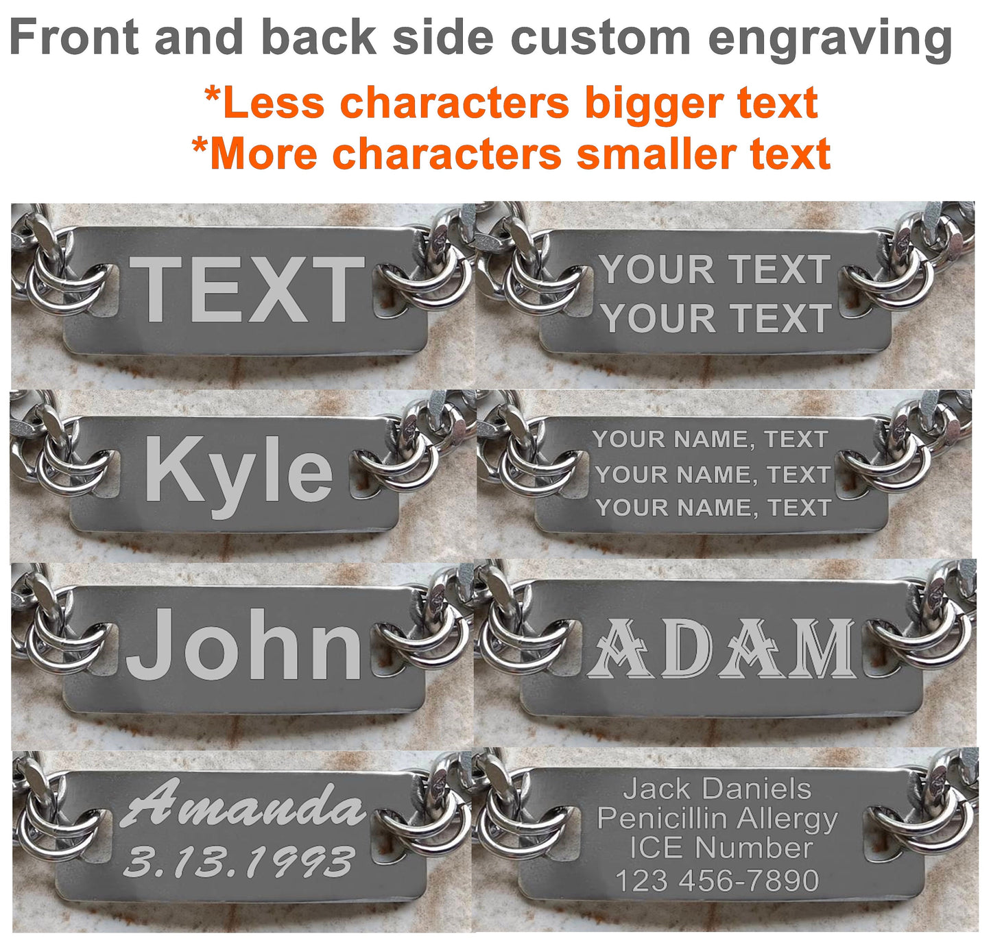 Medical ID Name Alert Bracelet Custom Personalized Engraved 7mm Curb Stainless Steel Band Strap Tarnish Resistant Jewelry Great Gift Idea