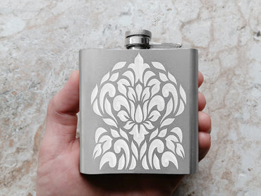 Custom Engraved Flask and Funnel Set Stainless Steel 6 oz Hip Liquor Beverage Holder Vintage Antique Style Regal Split Monogram Text