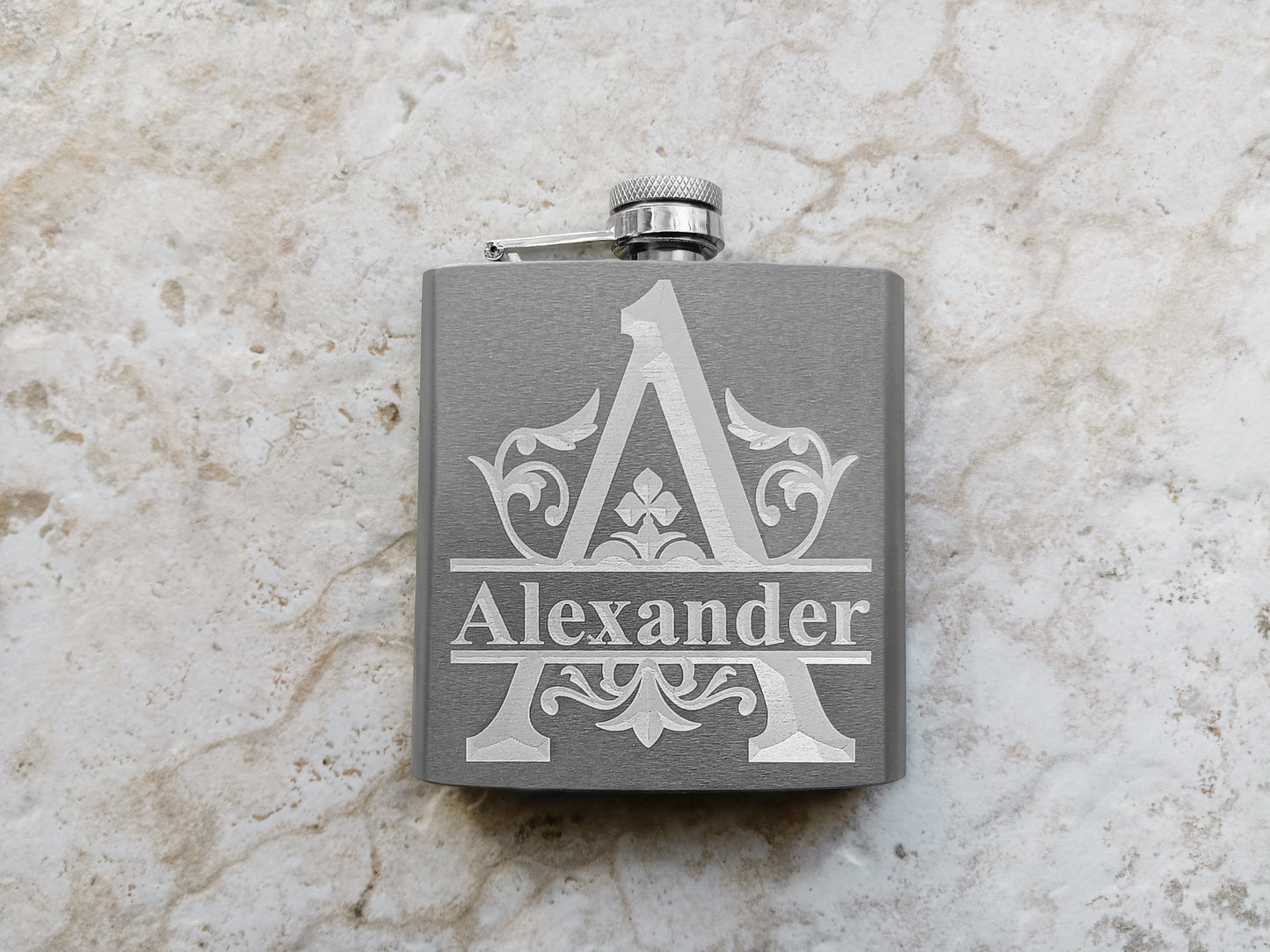 Custom Engraved Flask and Funnel Set Stainless Steel 6 oz Hip Liquor Beverage Holder Vintage Antique Style Regal Split Monogram Text