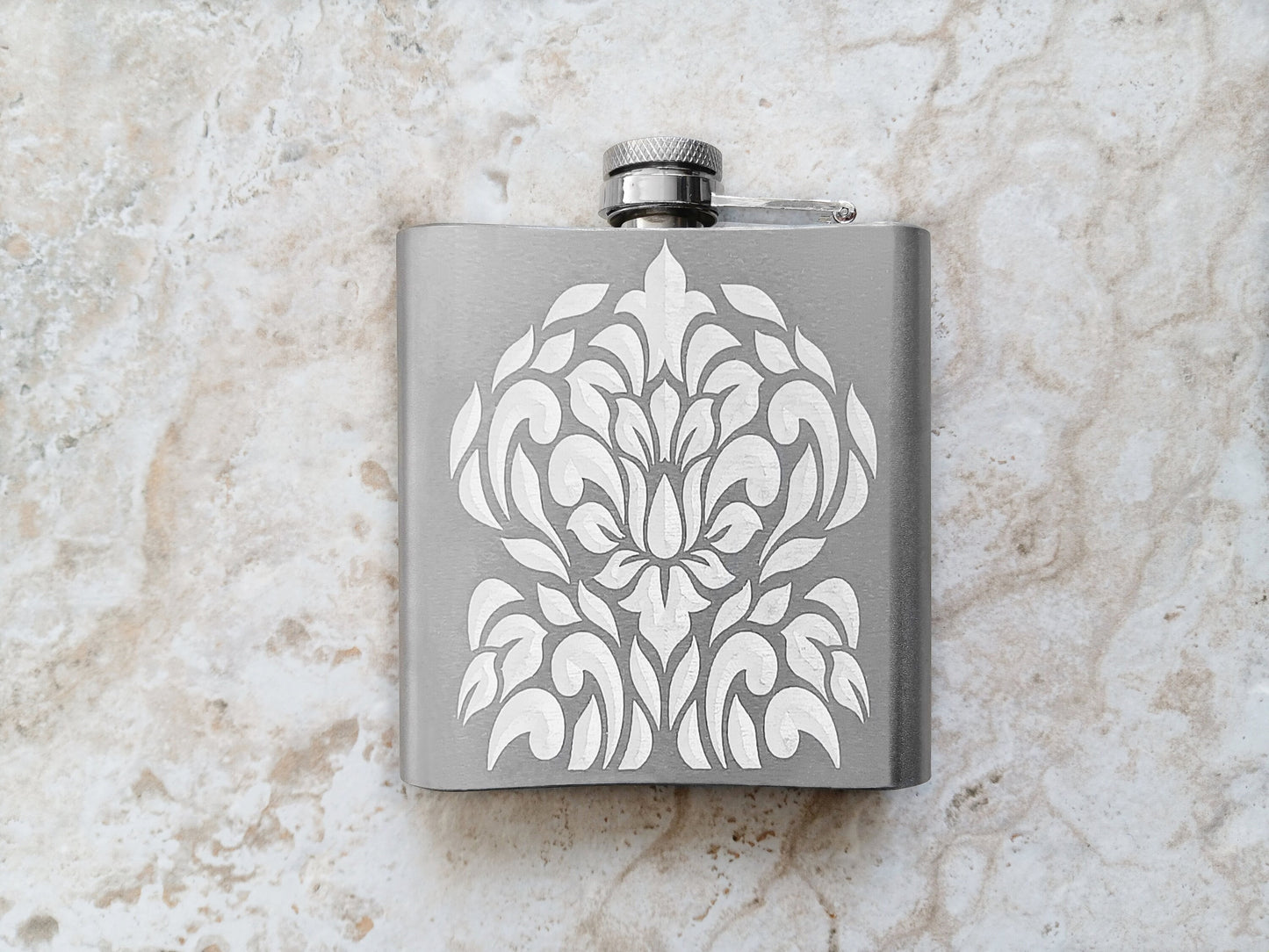 Custom Engraved Flask and Funnel Set Stainless Steel 6 oz Hip Liquor Beverage Holder Vintage Antique Style Regal Split Monogram Text
