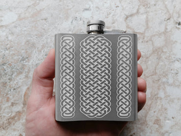 Custom Engraved Flask and Funnel Set Stainless Steel 6 oz Hip Bottle Liquor Beverage Holder Vintage Antique Style Celtic Text Great Gift