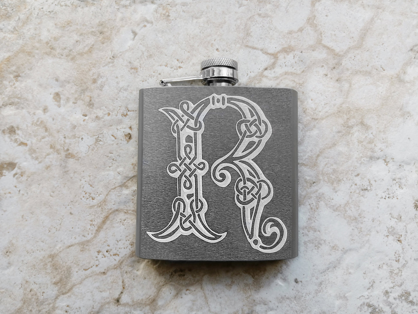 Custom Engraved Flask and Funnel Set Stainless Steel 6 oz Hip Bottle Liquor Beverage Holder Vintage Antique Style Celtic Text Great Gift