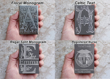 Card Holder Wallet Custom Engraved Stainless Steel RFID Blocking Credit Debit Business Box w Release Button Case Floral Celtic Regal Split