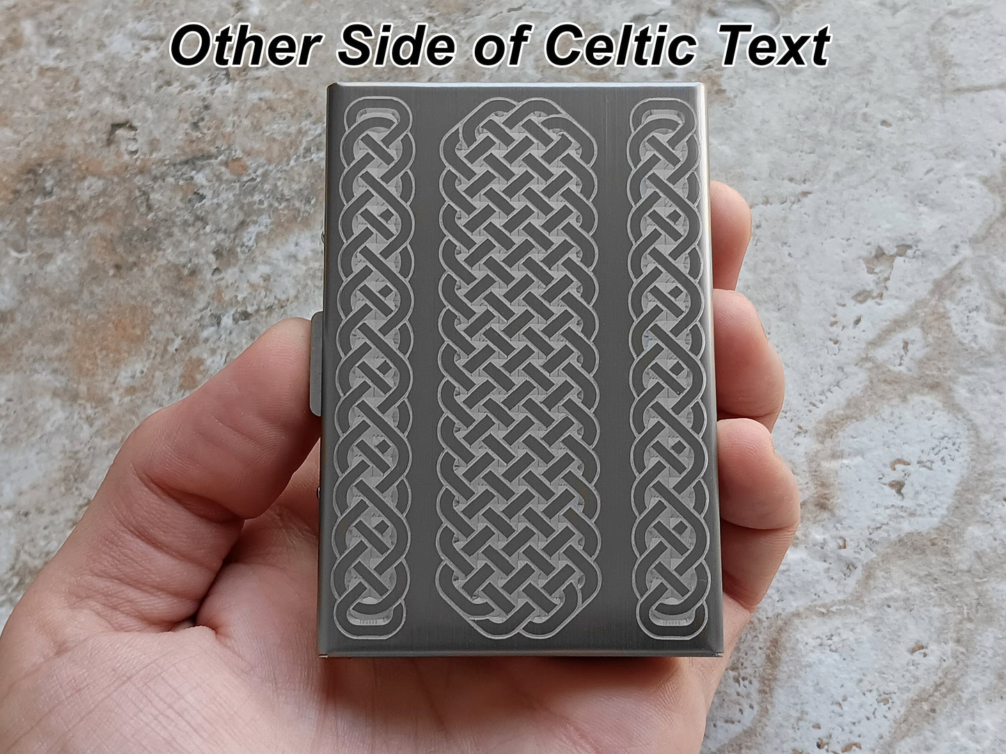 Card Holder Wallet Custom Engraved Stainless Steel RFID Blocking Credit Debit Business Box w Release Button Case Floral Celtic Regal Split