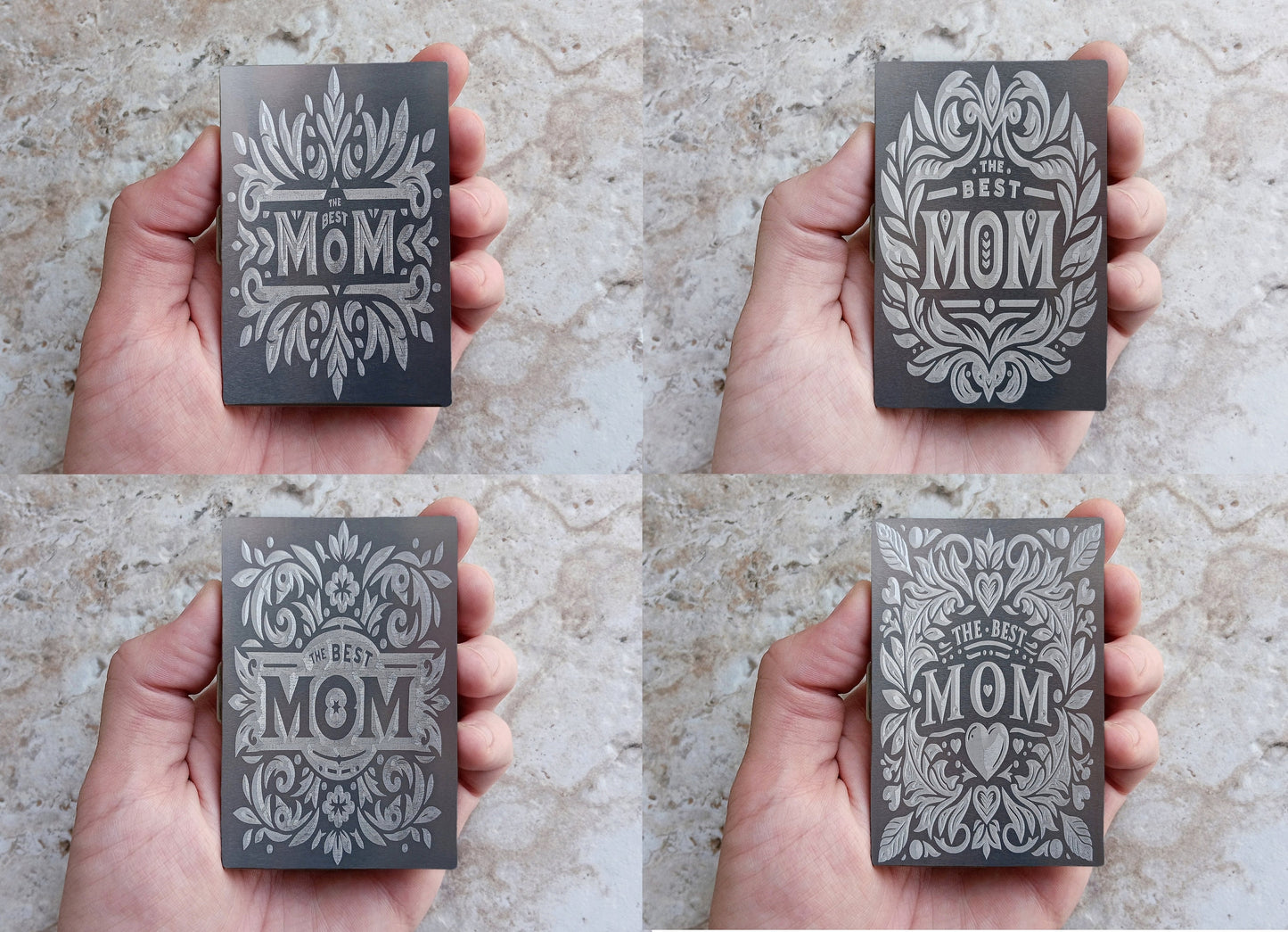 Top View of Examples of The Best Mom Designs engraved on the Stainless Steel Case. You can choose your design from the variation menu.