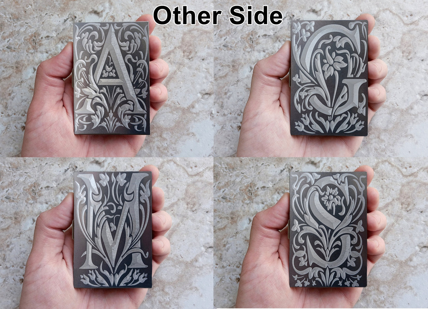 Top View of examples of the Engraved Floral Monogram letters on the Stainless Steel Case. You can choose the letter you like from the variations menu.