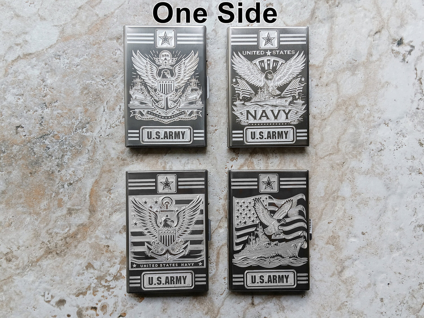 One side us army navy military design engraved on the stainless steel card holder