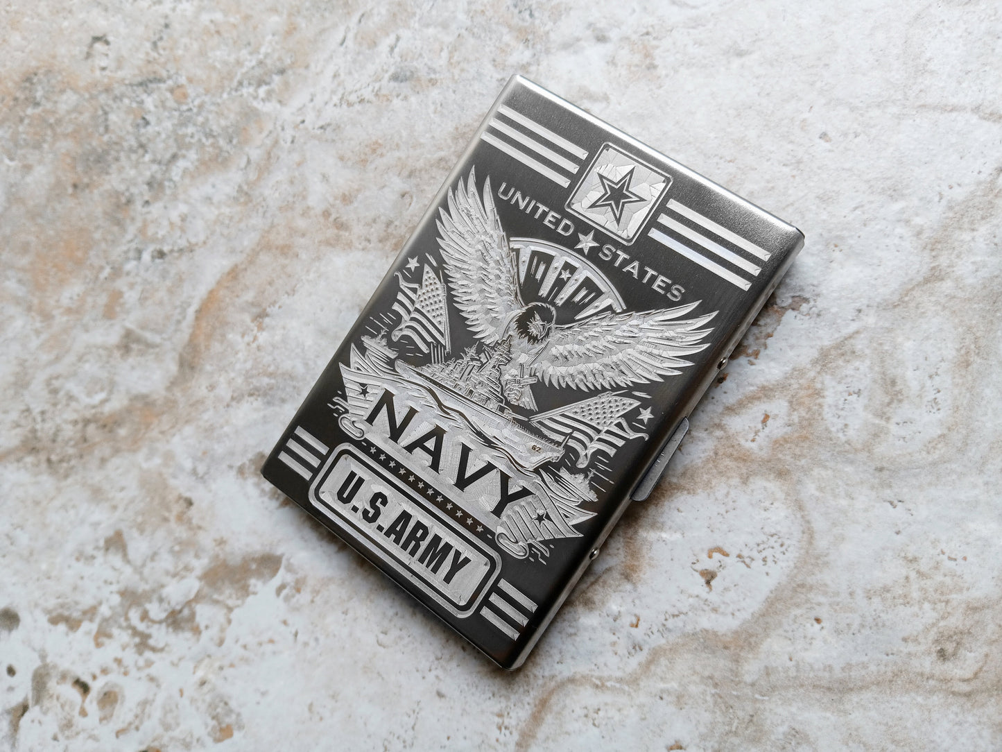 Top view example of design engraved on the stainless steel card holder