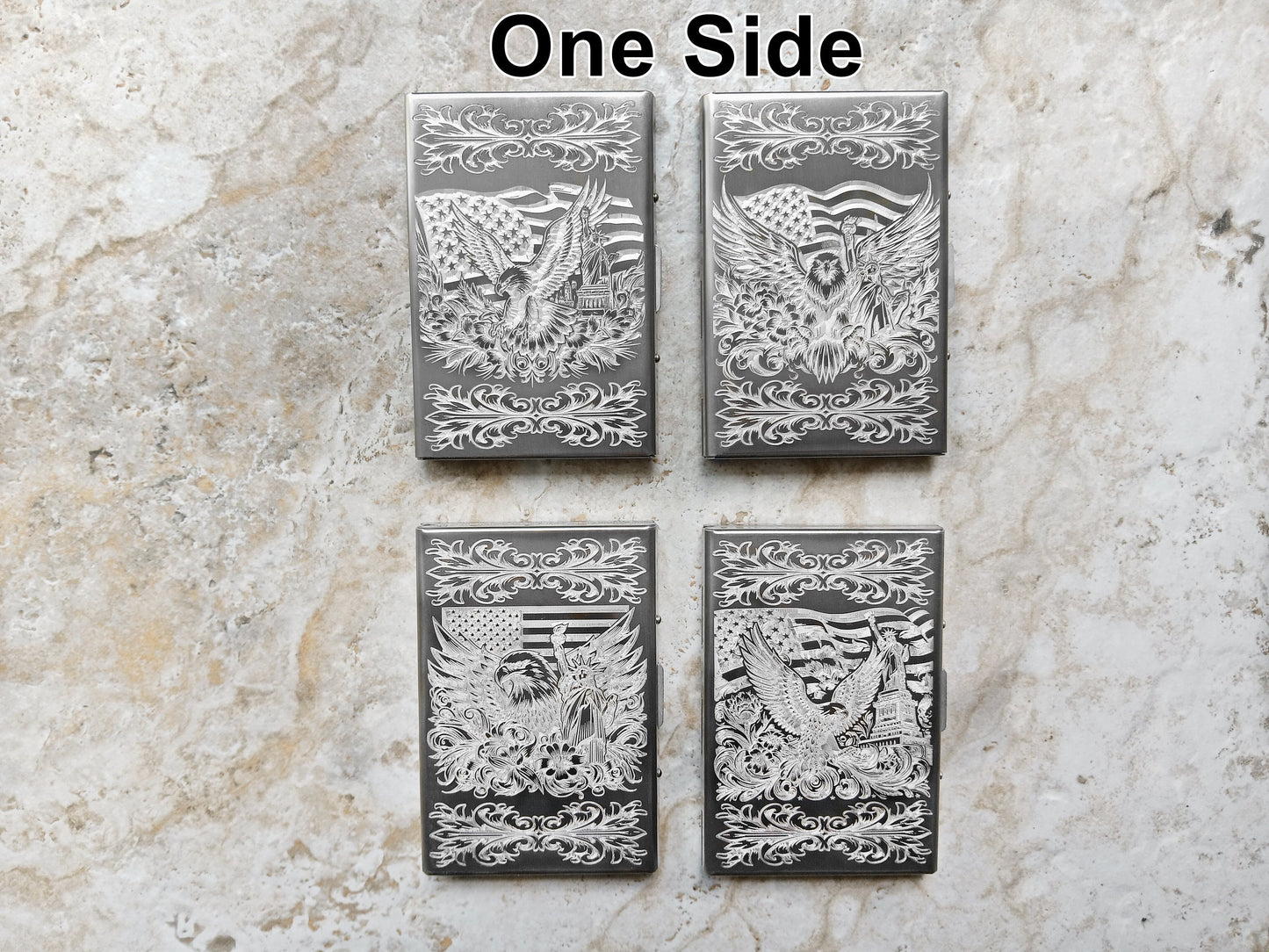 Top View of Different Engraved Designs on Stainless Steel Case Wallet