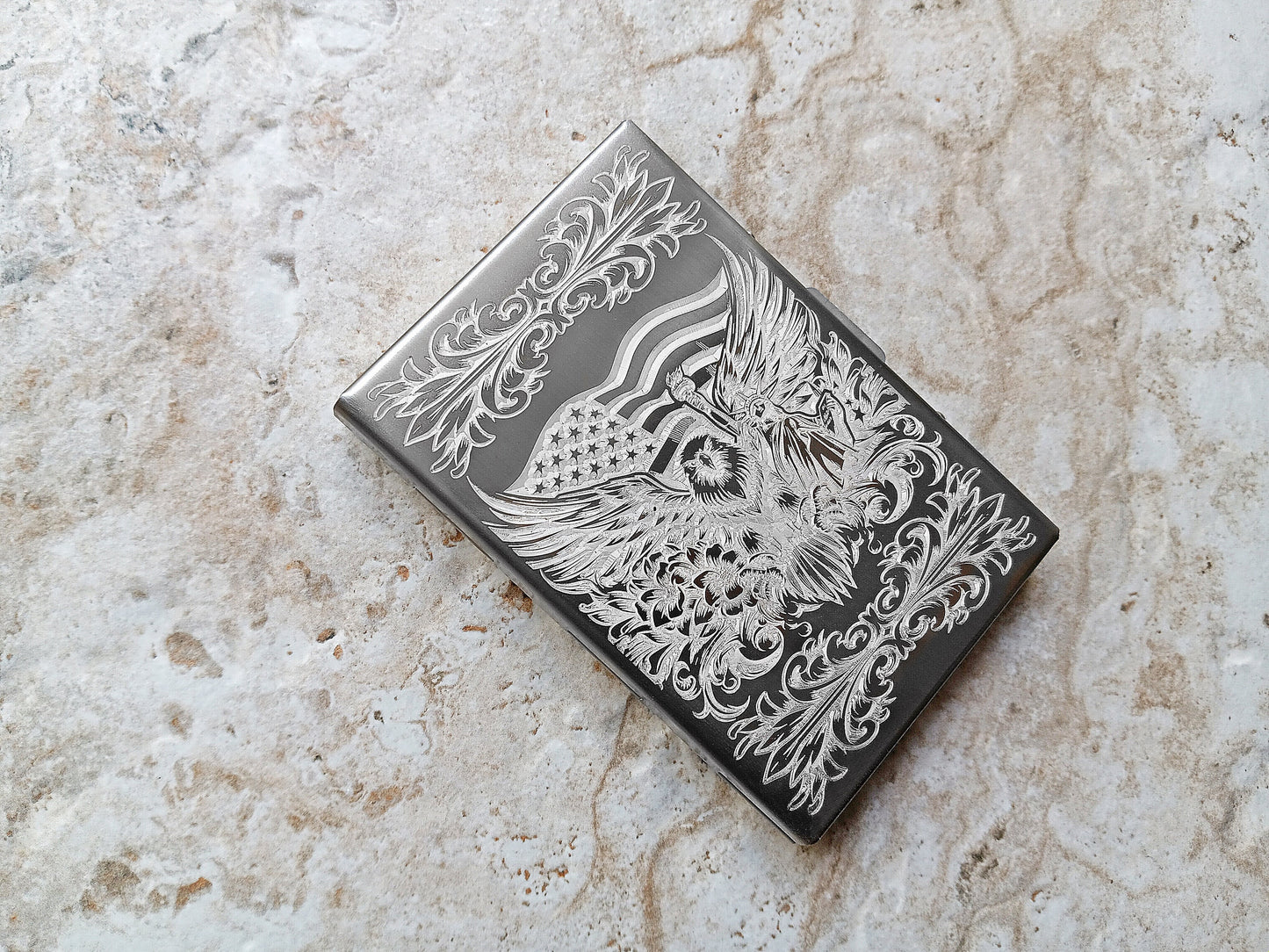 Left Side View of Engraved Stainless Steel Case Wallet