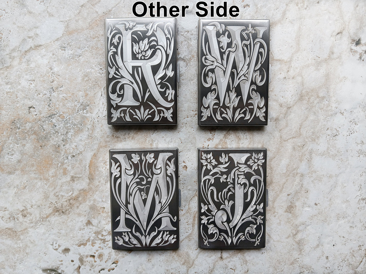Other side choose letter to be engraved on stainless steel card holder