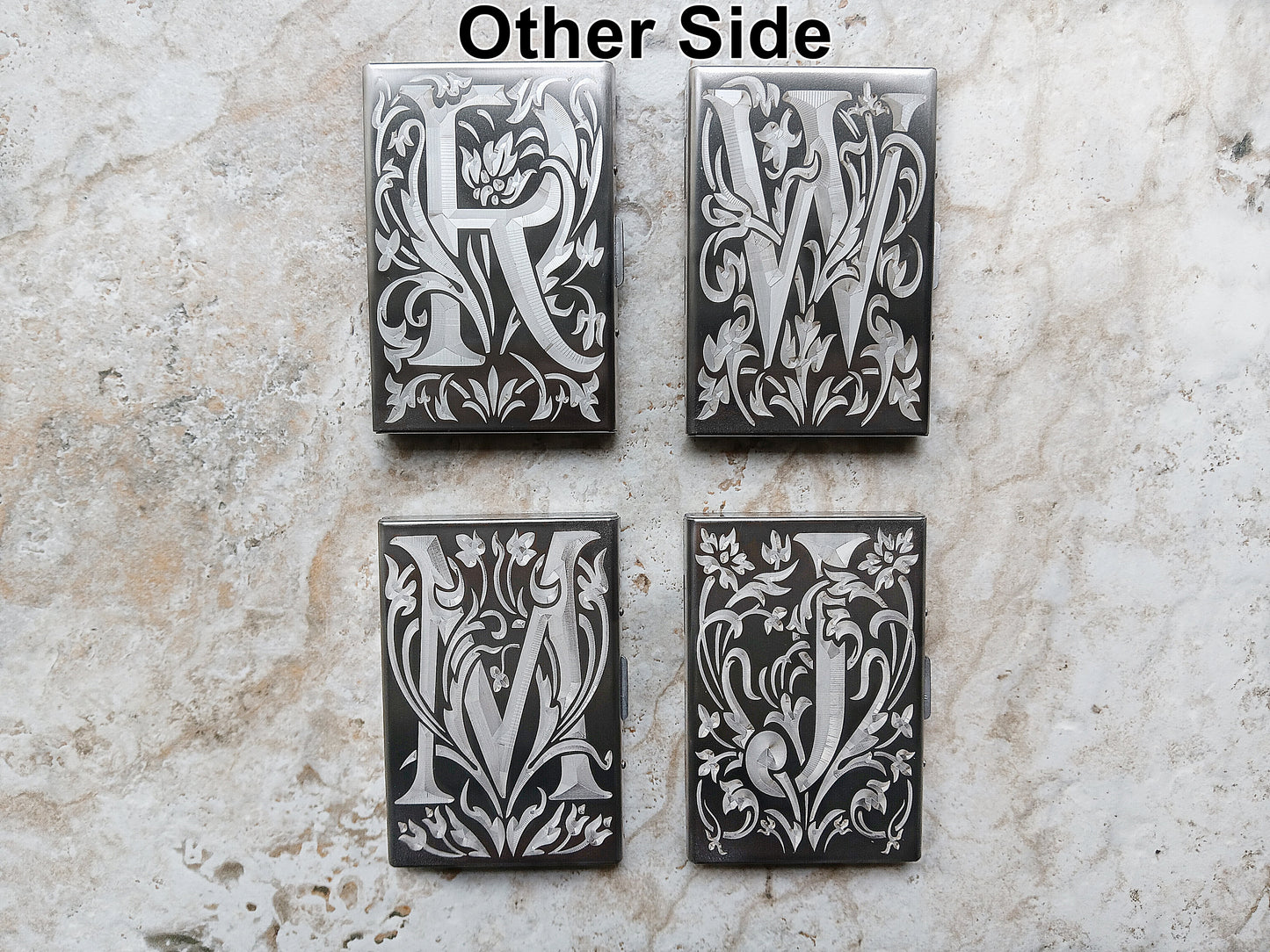 Other side choose letter to be engraved on stainless steel card holder