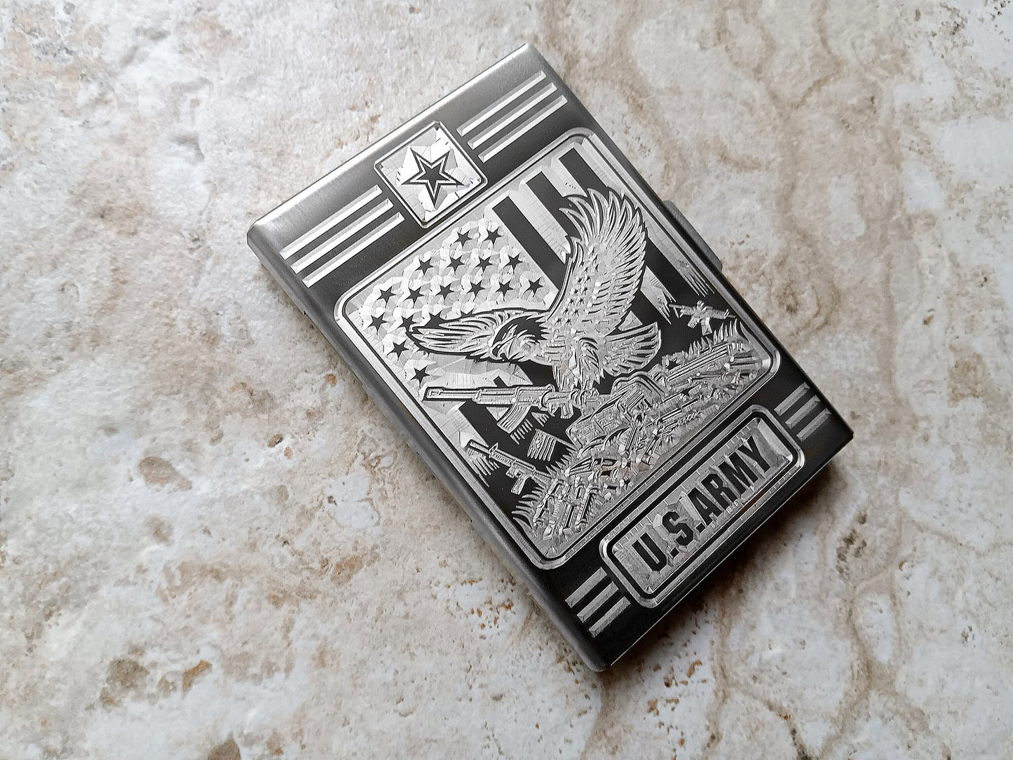 Left Side View of Engraved Stainless Steel Card Wallet