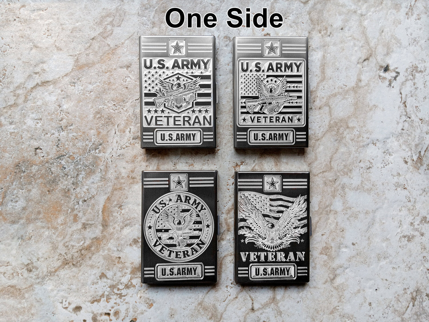 Top View of different examples of the engraved US Veteran Army Designs