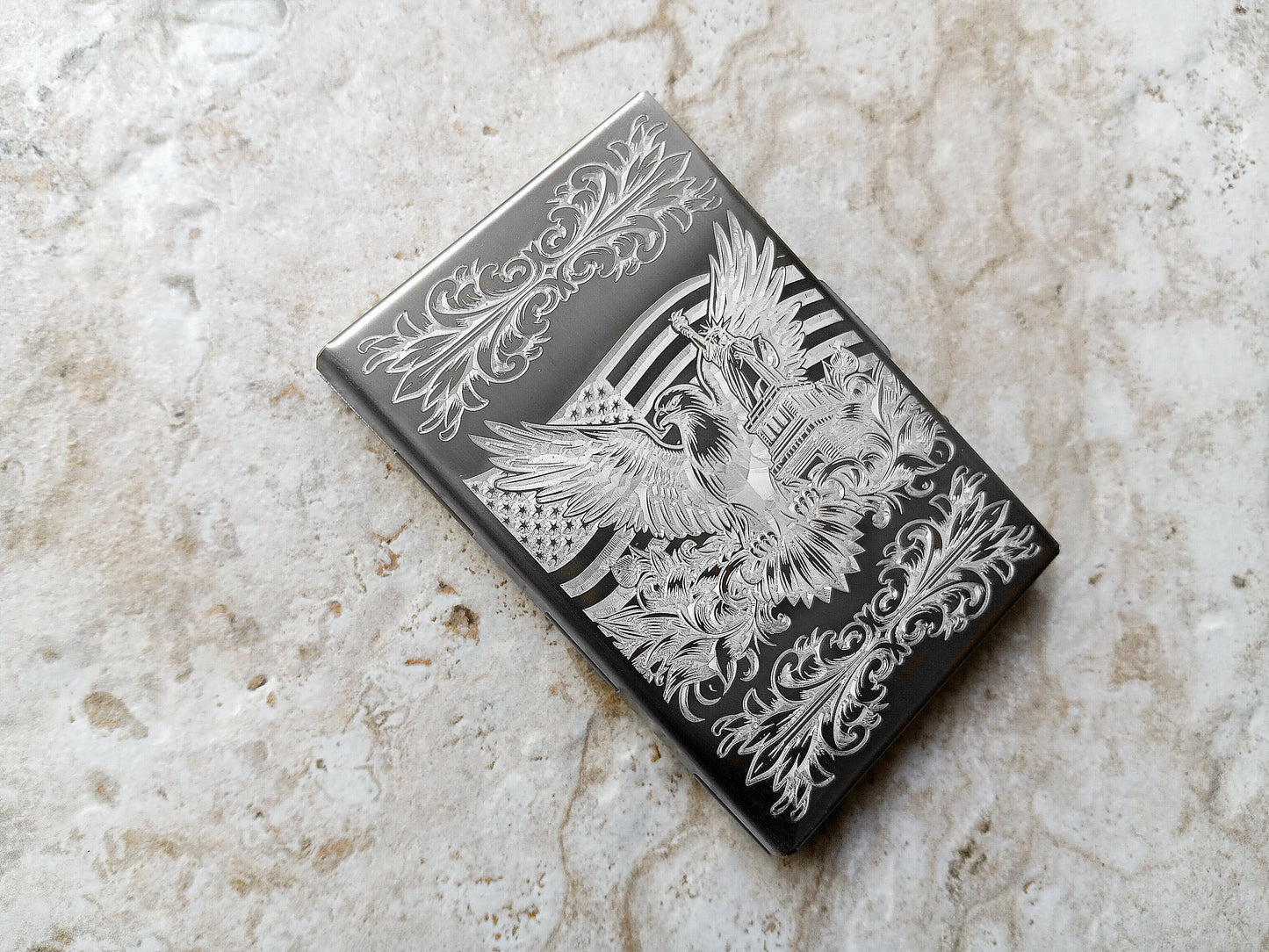 Left side view of Stainless Steel Case Wallet Example.