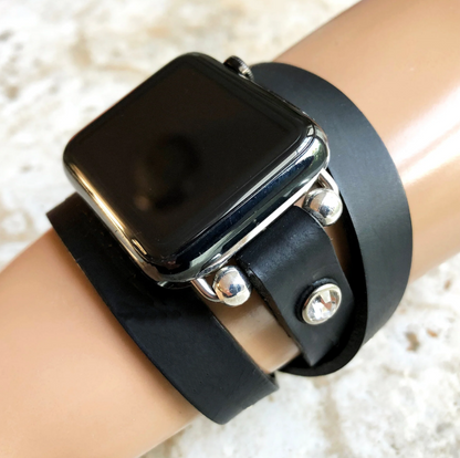 Apple Watch New Vintage Style Black Leather Band Strap Wrap Bracelet with Crystals for iWatch Ultra 2 49mm and 9 8 Series 41mm 45mm Case