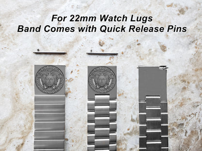 Medusa Head Engraved Watch Band for 22mm 24mm 25mm Lugs Traditional Casual Luxury and Smartwatches Silver Color Stainless Steel Bracelet Strap N13