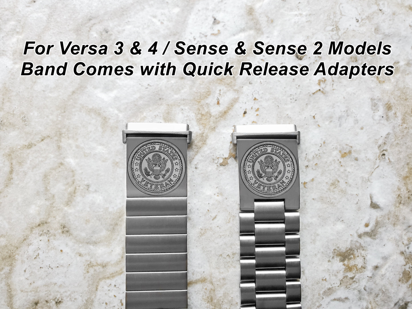 US Veteran Engraved Watch Band Compatible with Fitbit Versa Lite 2 3 4 and Sense 1 2 Smartwatches Silver Color Stainless Steel Bracelet Strap V3