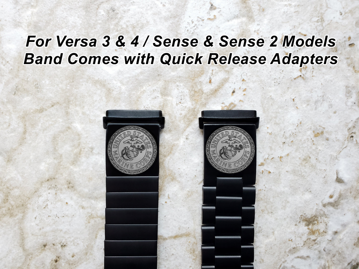 Marine Corps Engraved Watch Band Compatible with Fitbit Versa Lite 2 3 4 and Sense 1 2 Smartwatches Black Color Stainless Steel Bracelet Strap MC1