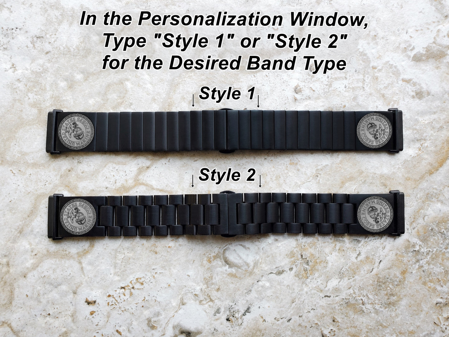 Marine Corps Engraved Watch Band Compatible with Fitbit Versa Lite 2 3 4 and Sense 1 2 Smartwatches Black Color Stainless Steel Bracelet Strap MC1