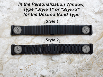 Marine Corps Engraved Watch Band Compatible with Fitbit Versa Lite 2 3 4 and Sense 1 2 Smartwatches Black Color Stainless Steel Bracelet Strap MC1