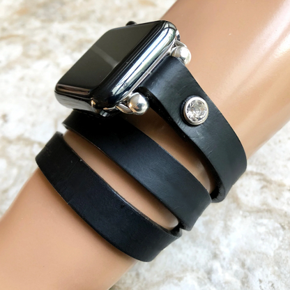 Apple Watch New Vintage Style Black Leather Band Strap Wrap Bracelet with Crystals for iWatch Ultra 2 49mm and 9 8 Series 41mm 45mm Case