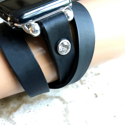 Apple Watch New Vintage Style Black Leather Band Strap Wrap Bracelet with Crystals for iWatch Ultra 2 49mm and 9 8 Series 41mm 45mm Case