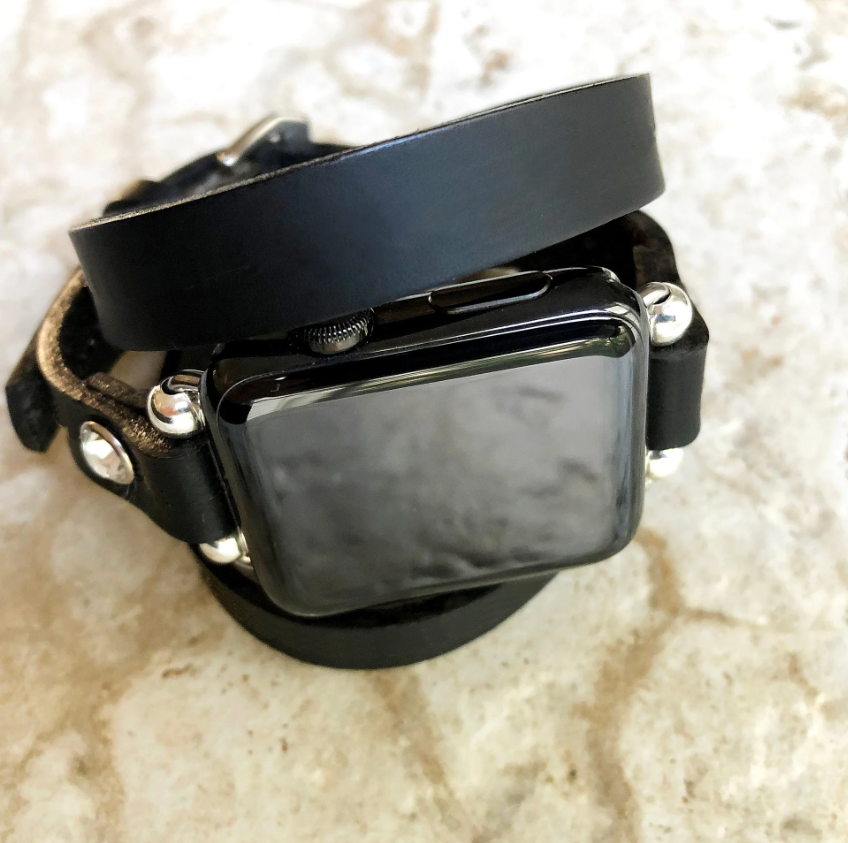 Apple Watch New Vintage Style Black Leather Band Strap Wrap Bracelet with Crystals for iWatch Ultra 2 49mm and 9 8 Series 41mm 45mm Case