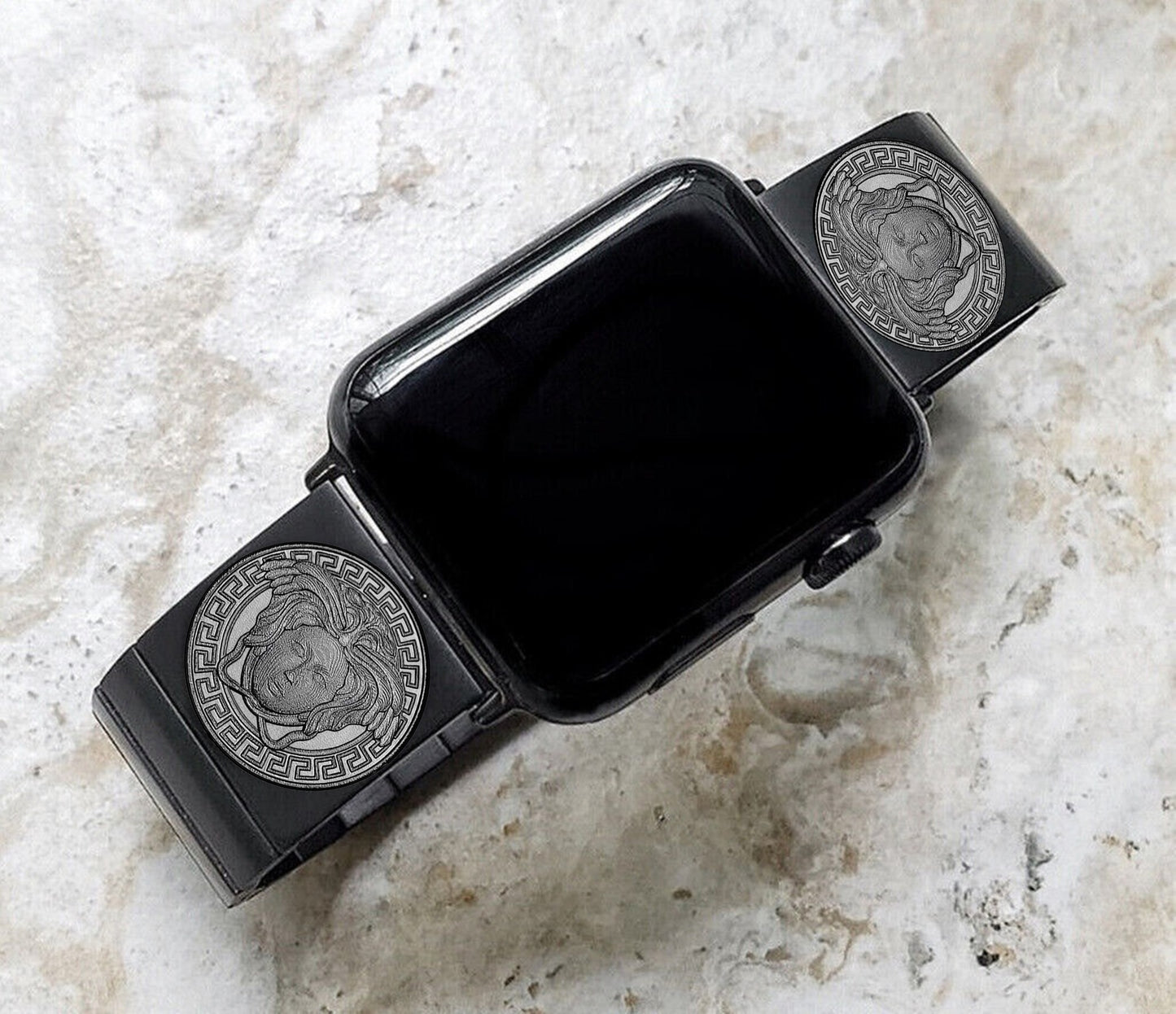 Medusa Head Engraved Watch Band Compatible with Apple iWatch Ultra 2 9 8 7 SE 6 5 4 3 2 1 Case 38mm 40mm 41mm 42mm 44mm 45mm 49mm Black Stainless Steel Strap N13