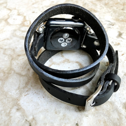 Apple Watch New Vintage Style Black Leather Band Strap Wrap Bracelet with Crystals for iWatch Ultra 2 49mm and 9 8 Series 41mm 45mm Case