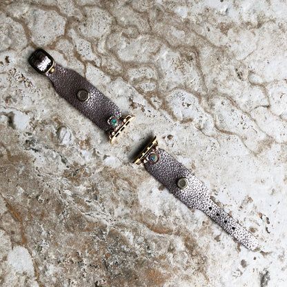 Apple Watch Band Bracelet for Ultra 2 and 9 8 Series 41mm 45mm 49mm Case Metallic Silver Cracked Handmade Leather Strap Gold Finish Crystals
