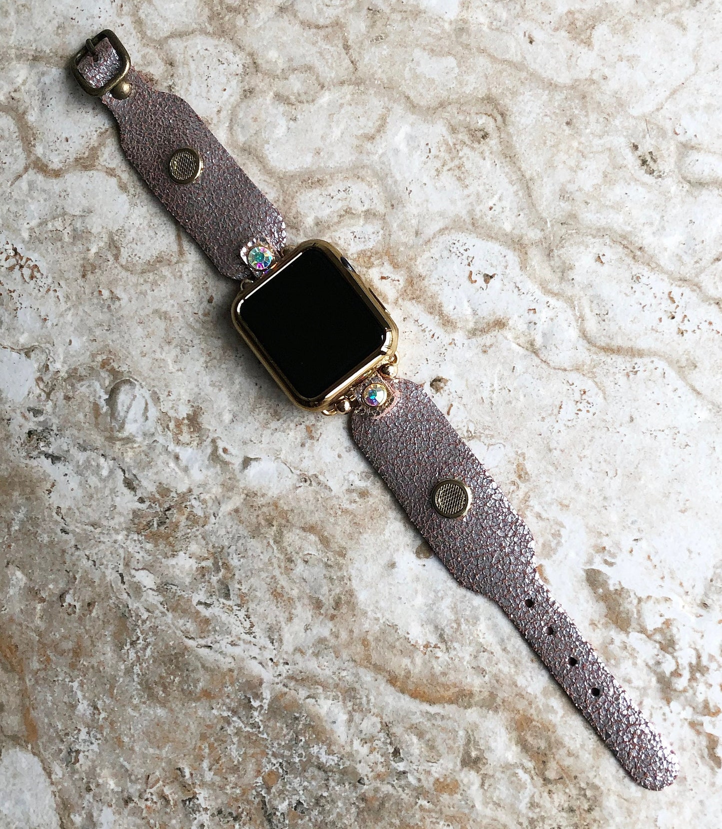 Apple Watch Band Bracelet for Ultra 2 and 9 8 Series 41mm 45mm 49mm Case Metallic Silver Cracked Handmade Leather Strap Gold Finish Crystals