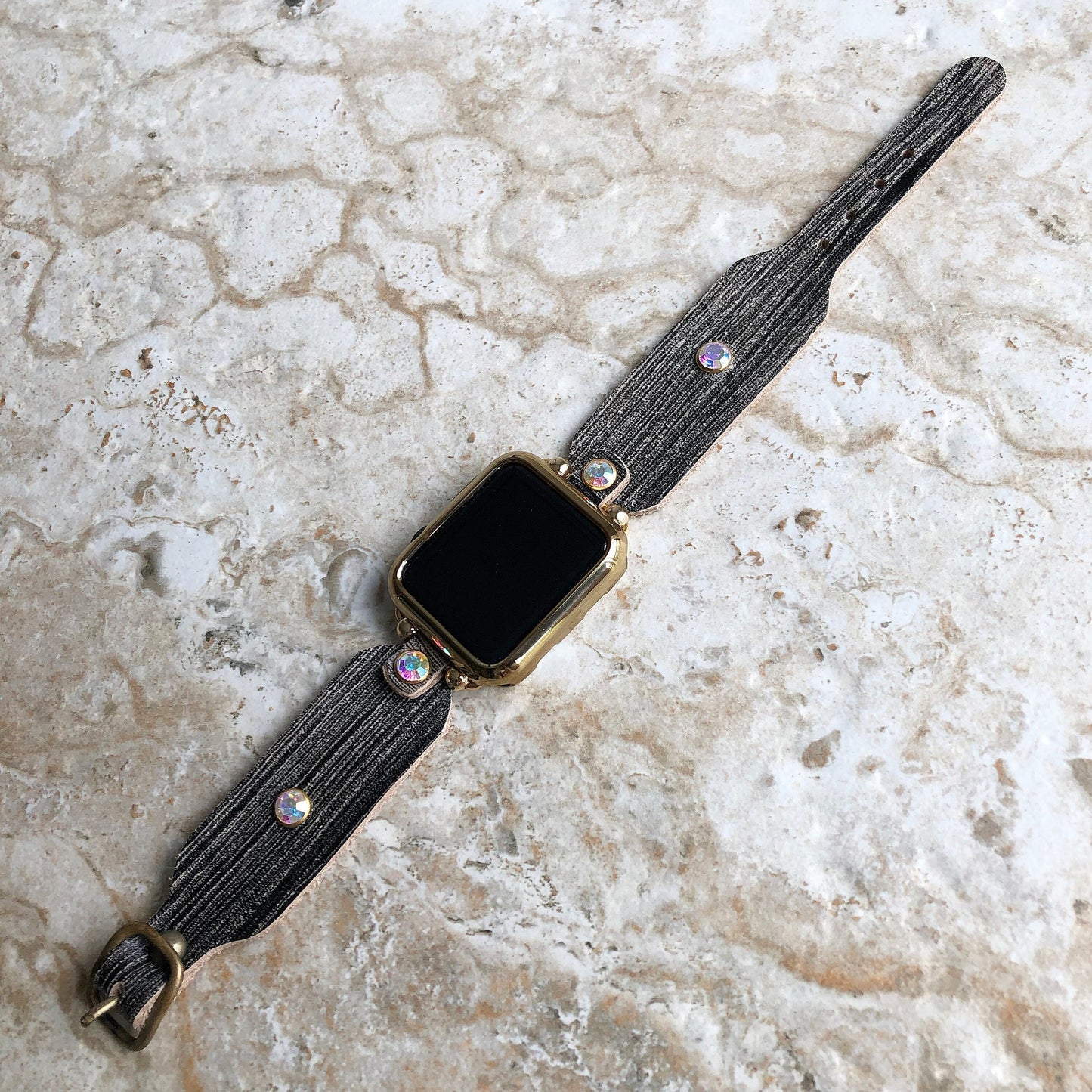 Apple New Modern Handmade Black and Burnished Gold Leather Bracelet iWatch All Series Band for Ultra 2 49mm and 9 8 Series 41mm 45mm Case