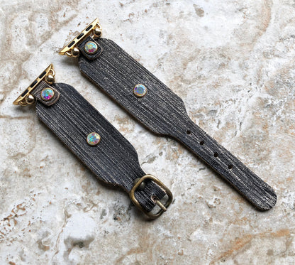 Apple New Modern Handmade Black and Burnished Gold Leather Bracelet iWatch All Series Band for Ultra 2 49mm and 9 8 Series 41mm 45mm Case