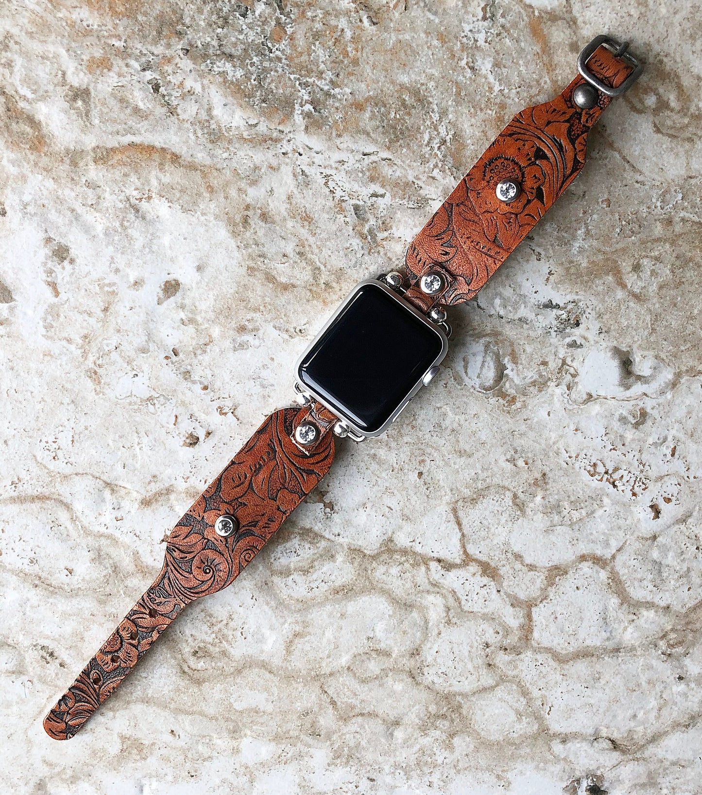Embossed Leather Apple Watch Band for Watch Ultra 2 49mm and 9 8 Series 41mm 45mm Case Handmade Brown Strap Flourish Bracelet Clear Crystals