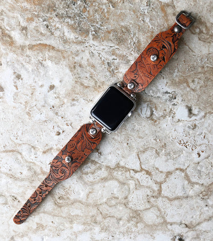 Embossed Leather Apple Watch Band for Watch Ultra 2 49mm and 9 8 Series 41mm 45mm Case Handmade Brown Strap Flourish Bracelet Clear Crystals