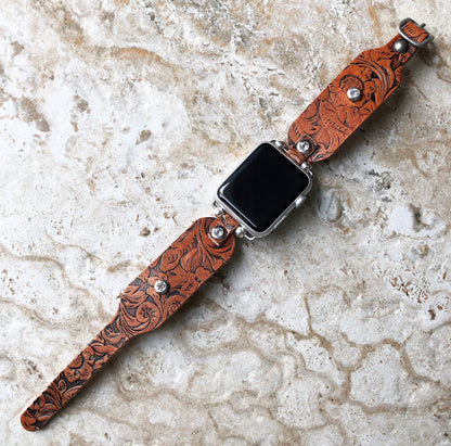Embossed Leather Apple Watch Band for Watch Ultra 2 49mm and 9 8 Series 41mm 45mm Case Handmade Brown Strap Flourish Bracelet Clear Crystals