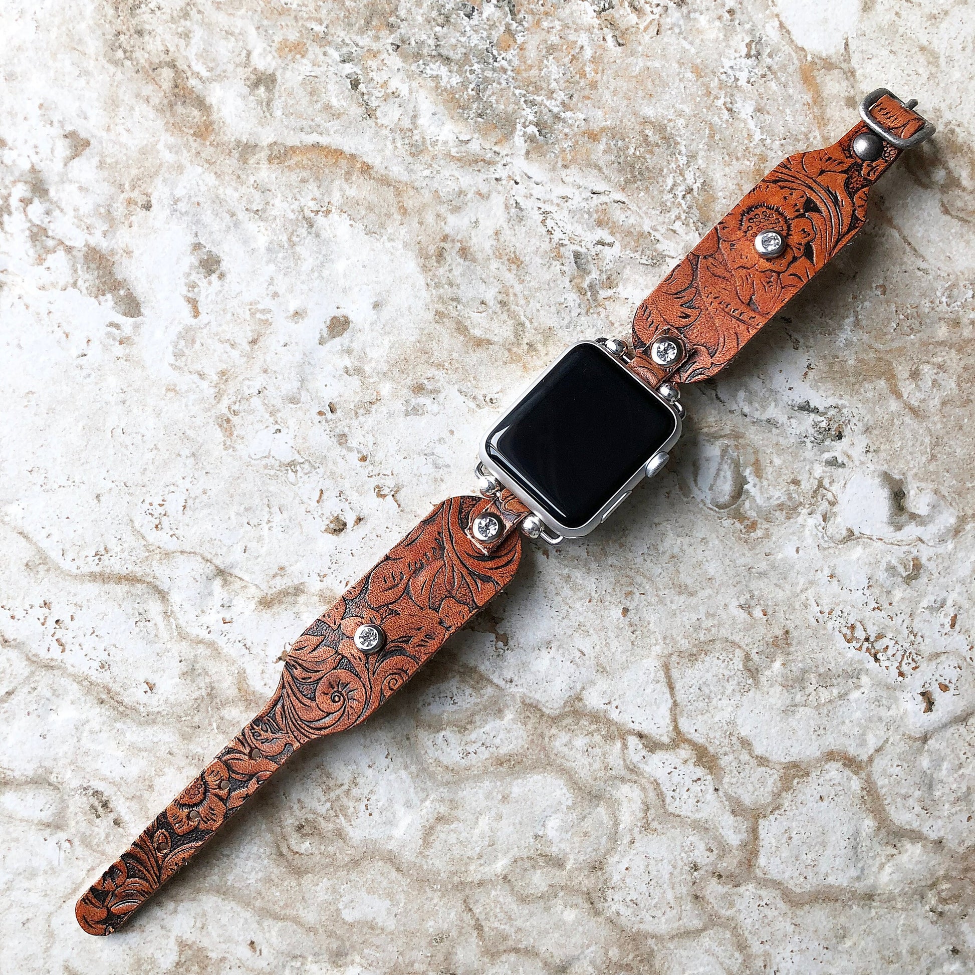 Embossed Leather Apple Watch Band for Watch Ultra 2 49mm and 9 8 Series 41mm 45mm Case Handmade Brown Strap Flourish Bracelet Clear Crystals