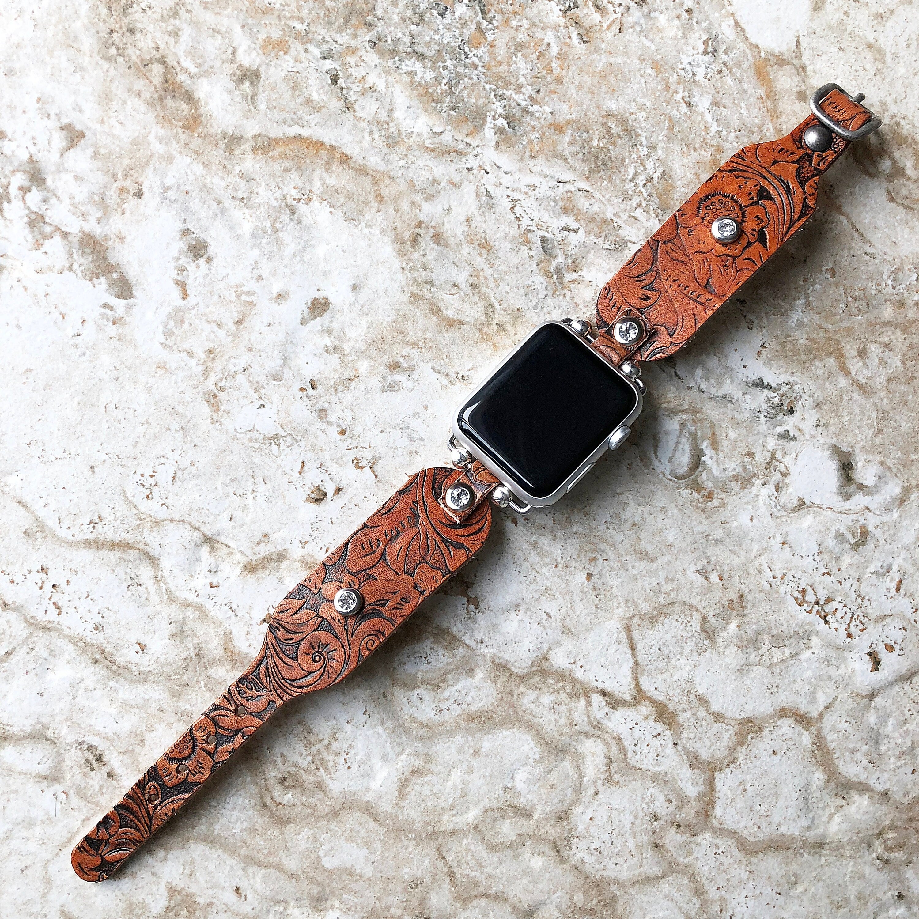 Embossed Leather Apple Watch Band for Watch Ultra 2 49mm and 9 8 Series 41mm 45mm Case Handmade Brown Strap Flourish Bracelet Clear Crystals