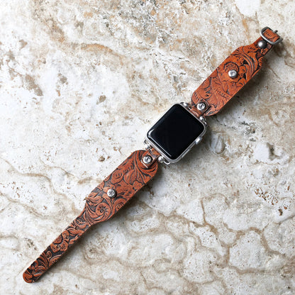 Embossed Leather Apple Watch Band for Watch Ultra 2 49mm and 9 8 Series 41mm 45mm Case Handmade Brown Strap Flourish Bracelet Clear Crystals